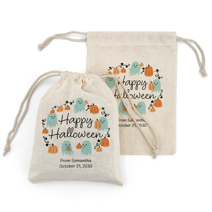 Halloween Treat Bags, Personalized Ghost and Pumpkin Goodie Bags, Mini Drawstring Party Favor Bags, Pumpkin Patch Ghosts