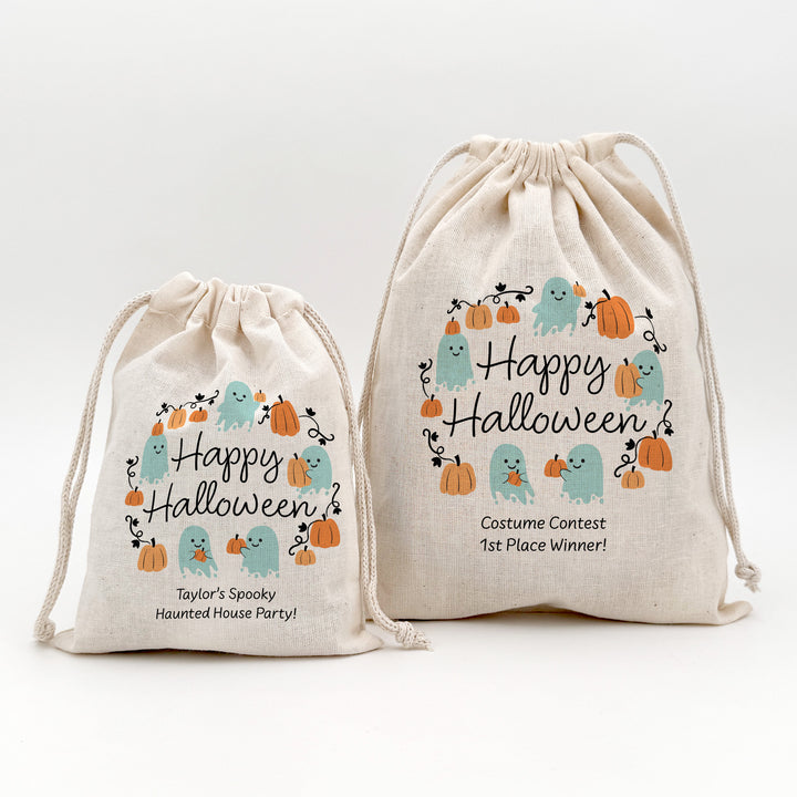 Halloween Treat Bags, Personalized Ghost and Pumpkin Goodie Bags, Mini Drawstring Party Favor Bags, Pumpkin Patch Ghosts
