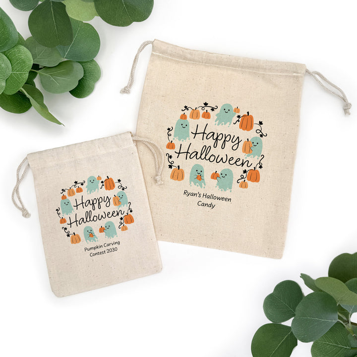 Halloween Treat Bags, Personalized Ghost and Pumpkin Goodie Bags, Mini Drawstring Party Favor Bags, Pumpkin Patch Ghosts