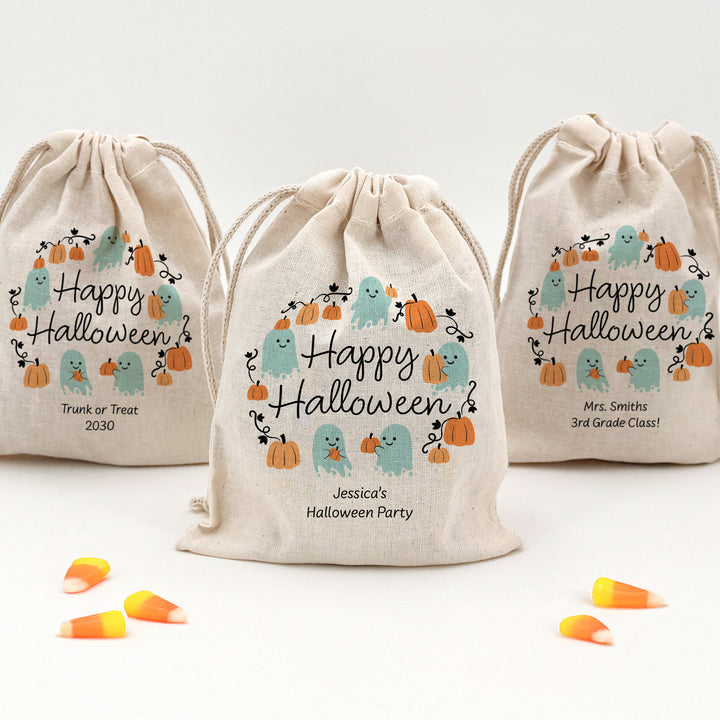 Halloween Treat Bags, Personalized Ghost and Pumpkin Goodie Bags, Mini Drawstring Party Favor Bags, Pumpkin Patch Ghosts