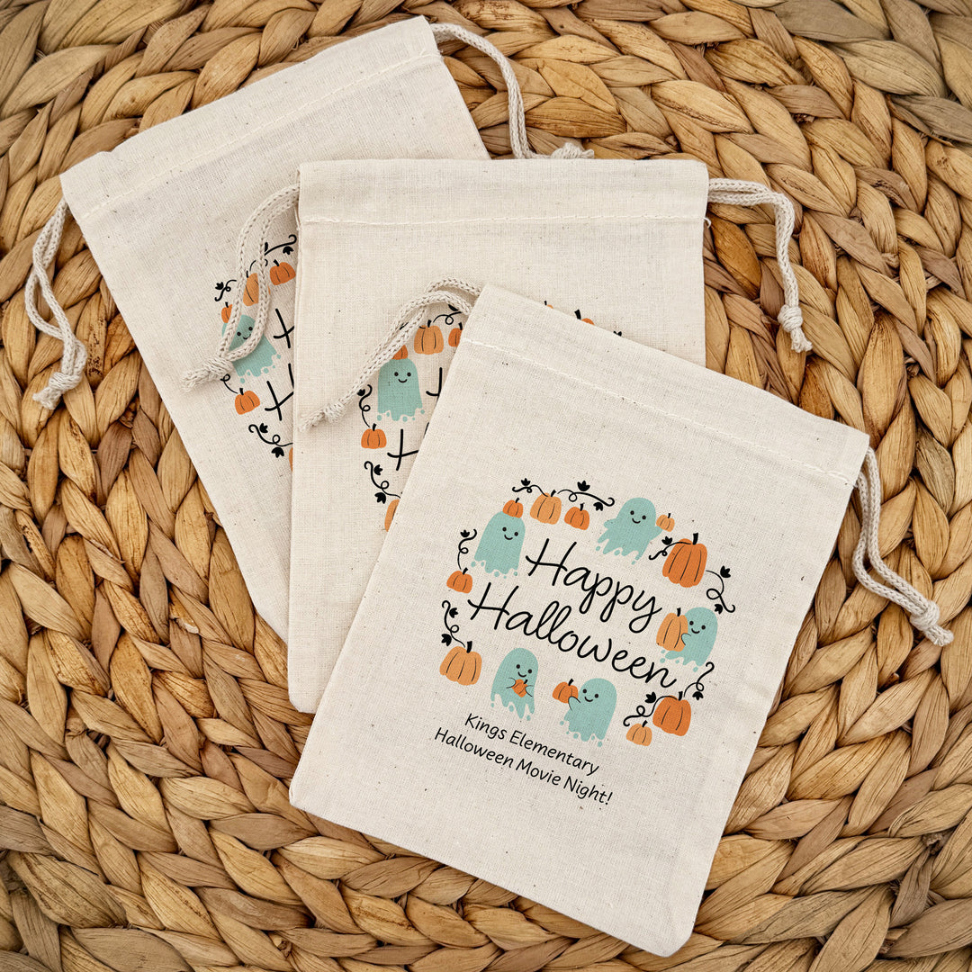 Halloween Treat Bags, Personalized Ghost and Pumpkin Goodie Bags, Mini Drawstring Party Favor Bags, Pumpkin Patch Ghosts