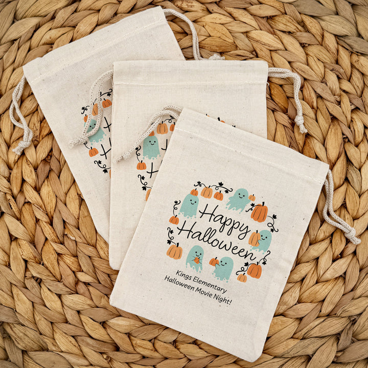 Halloween Treat Bags, Personalized Ghost and Pumpkin Goodie Bags, Mini Drawstring Party Favor Bags, Pumpkin Patch Ghosts