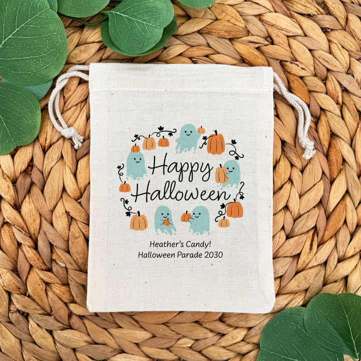 Halloween Treat Bags, Personalized Ghost and Pumpkin Goodie Bags, Mini Drawstring Party Favor Bags, Pumpkin Patch Ghosts