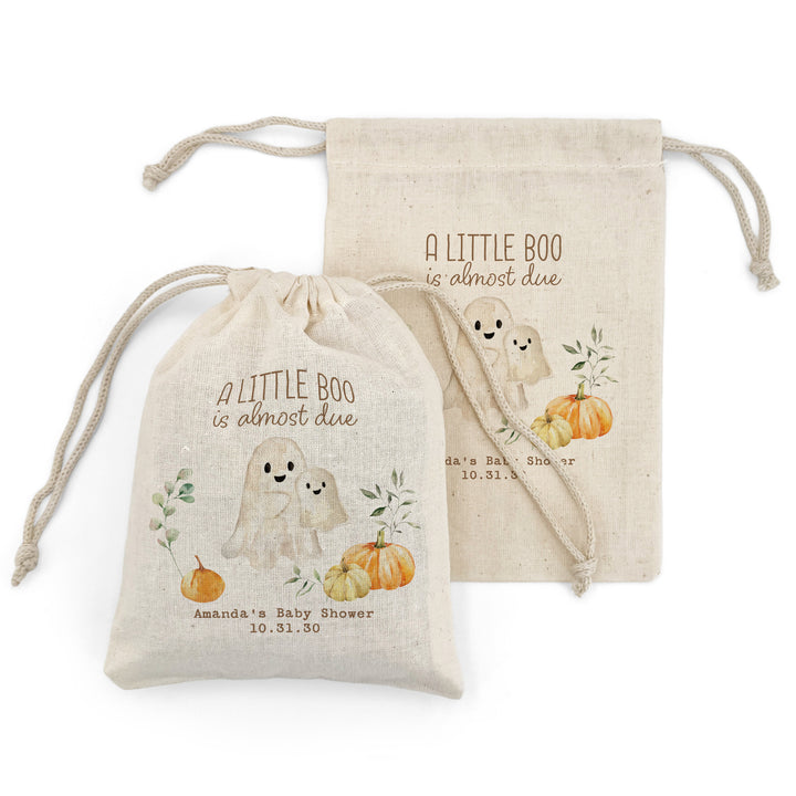 A Little Boo is Almost Due, Halloween Baby Shower, Baby Shower Goodie Bag, Custom Mini Drawstring Bag