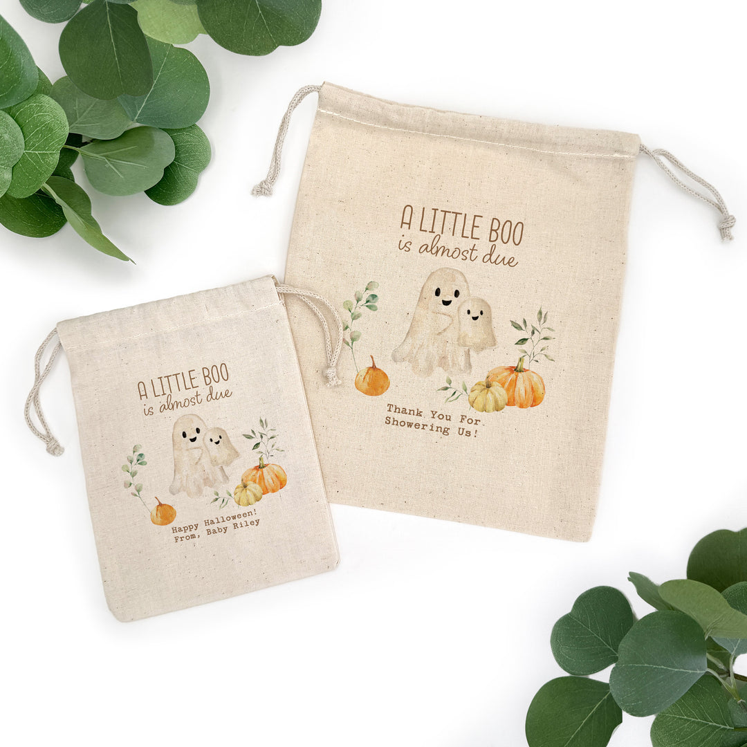 A Little Boo is Almost Due, Halloween Baby Shower, Baby Shower Goodie Bag, Custom Mini Drawstring Bag