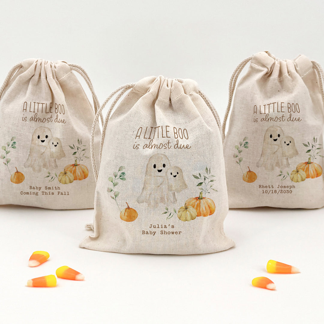 A Little Boo is Almost Due, Halloween Baby Shower, Baby Shower Goodie Bag, Custom Mini Drawstring Bag