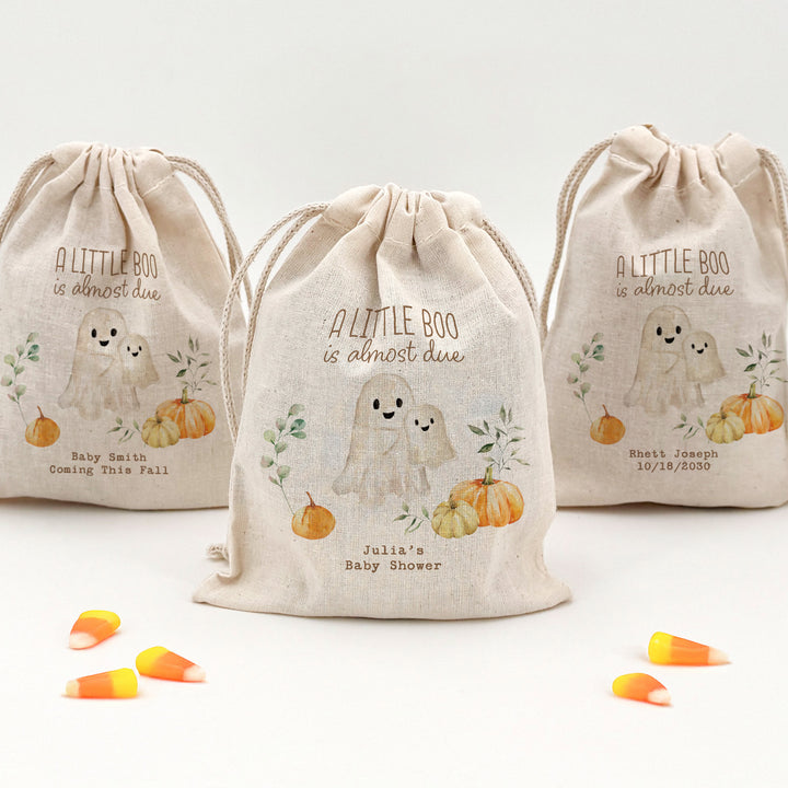 A Little Boo is Almost Due, Halloween Baby Shower, Baby Shower Goodie Bag, Custom Mini Drawstring Bag