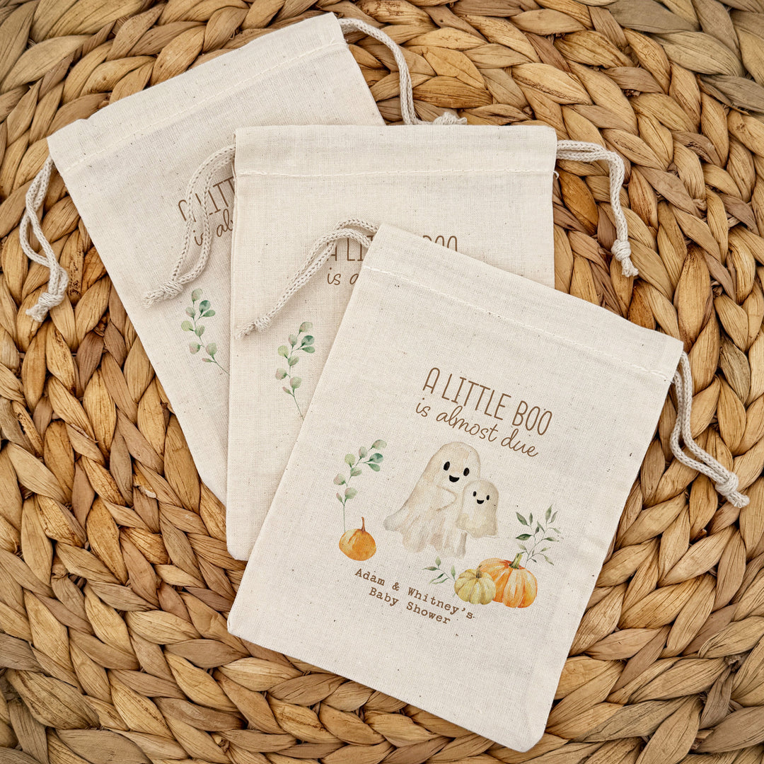 A Little Boo is Almost Due, Halloween Baby Shower, Baby Shower Goodie Bag, Custom Mini Drawstring Bag