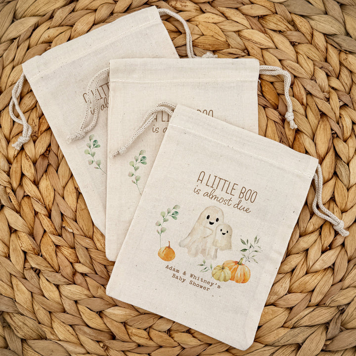 A Little Boo is Almost Due, Halloween Baby Shower, Baby Shower Goodie Bag, Custom Mini Drawstring Bag