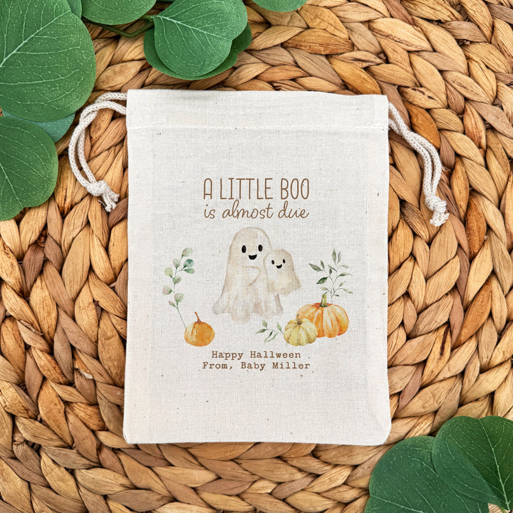 A Little Boo is Almost Due, Halloween Baby Shower, Baby Shower Goodie Bag, Custom Mini Drawstring Bag