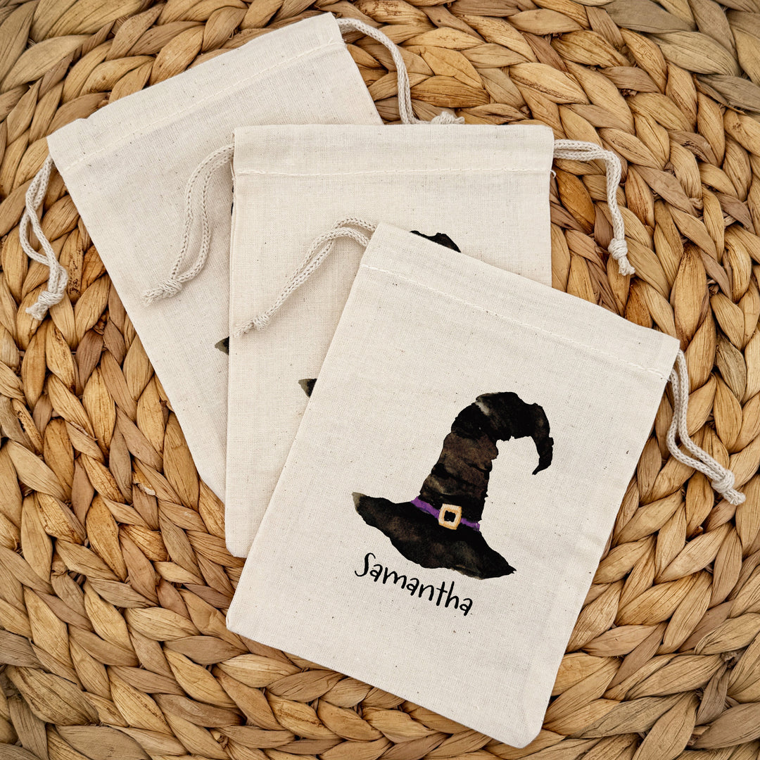 Witch Hat Halloween Goodie Bags, Personalized Treat Bags, Mini Drawstring Bag