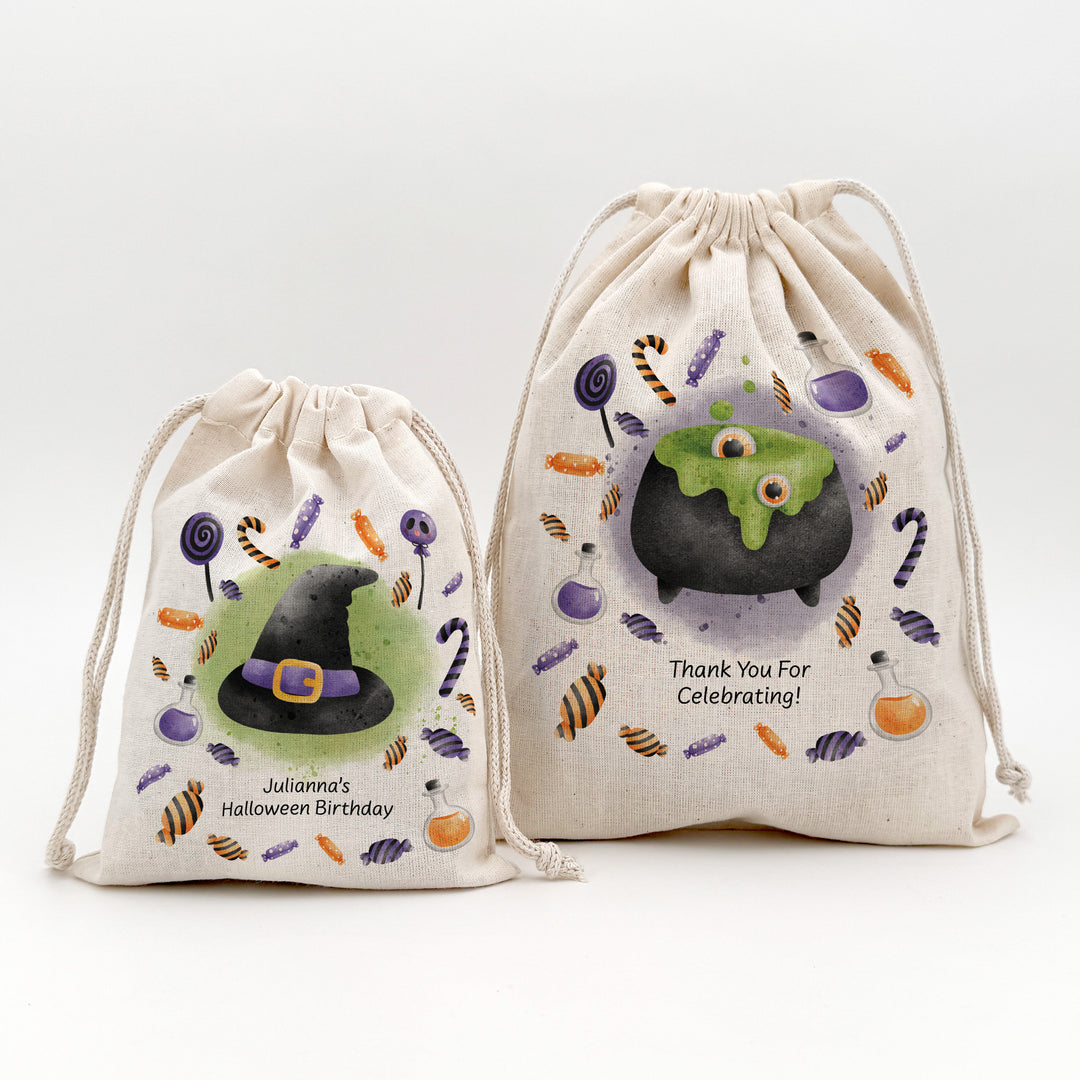 Trick or Treat Halloween Goodie Bags for Kids, Personalized Mini Drawstring Candy Treat Bag