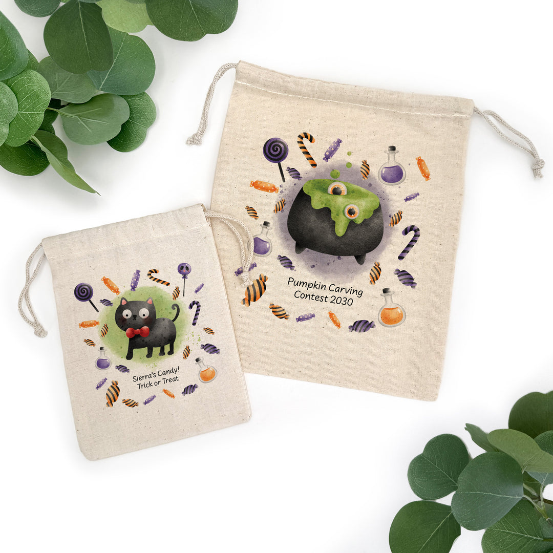 Trick or Treat Halloween Goodie Bags for Kids, Personalized Mini Drawstring Candy Treat Bag