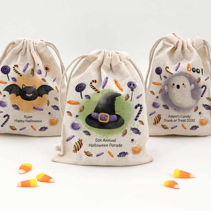 Trick or Treat Halloween Goodie Bags for Kids, Personalized Mini Drawstring Candy Treat Bag