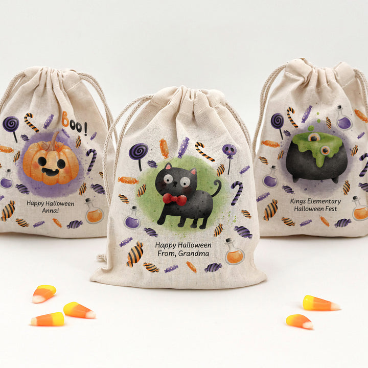 Trick or Treat Halloween Goodie Bags for Kids, Personalized Mini Drawstring Candy Treat Bag