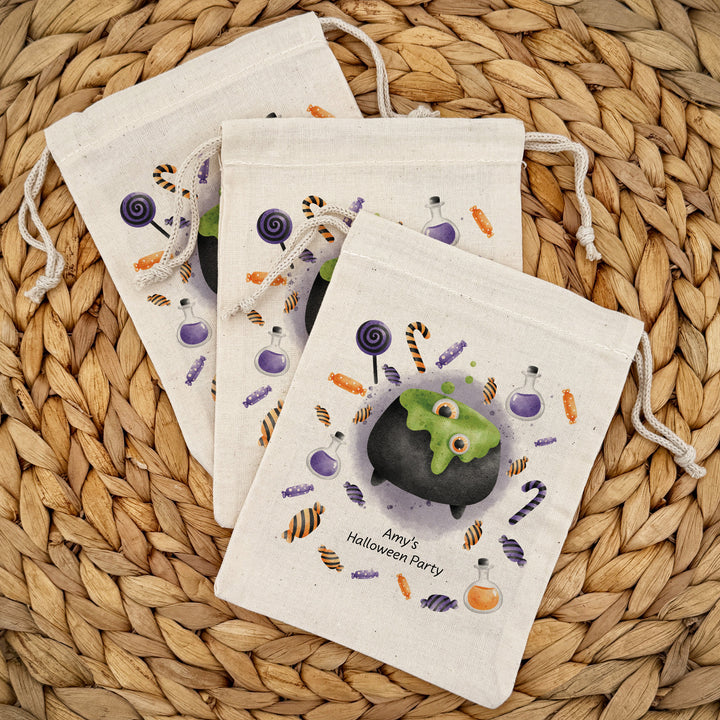 Trick or Treat Halloween Goodie Bags for Kids, Personalized Mini Drawstring Candy Treat Bag