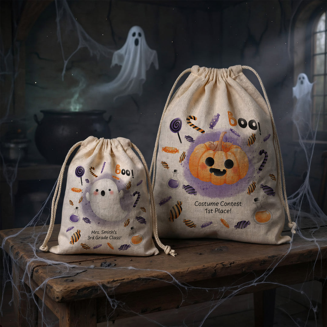 Trick or Treat Halloween Goodie Bags for Kids, Personalized Mini Drawstring Candy Treat Bag