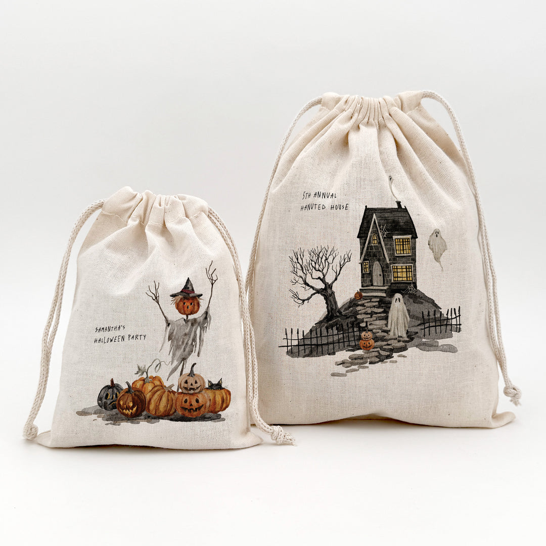Halloween Party Favor Bags, Halloween Gift Bag, Mini Drawstring Bag, Spooky Scenes