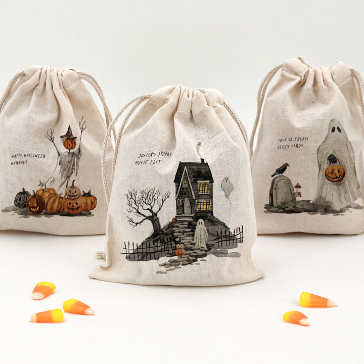 Halloween Party Favor Bags, Halloween Gift Bag, Mini Drawstring Bag, Spooky Scenes