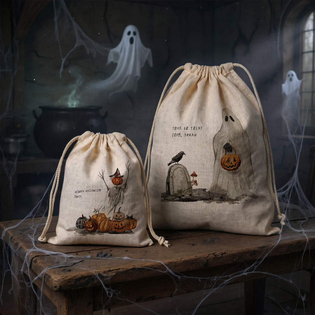 Halloween Party Favor Bags, Halloween Gift Bag, Mini Drawstring Bag, Spooky Scenes
