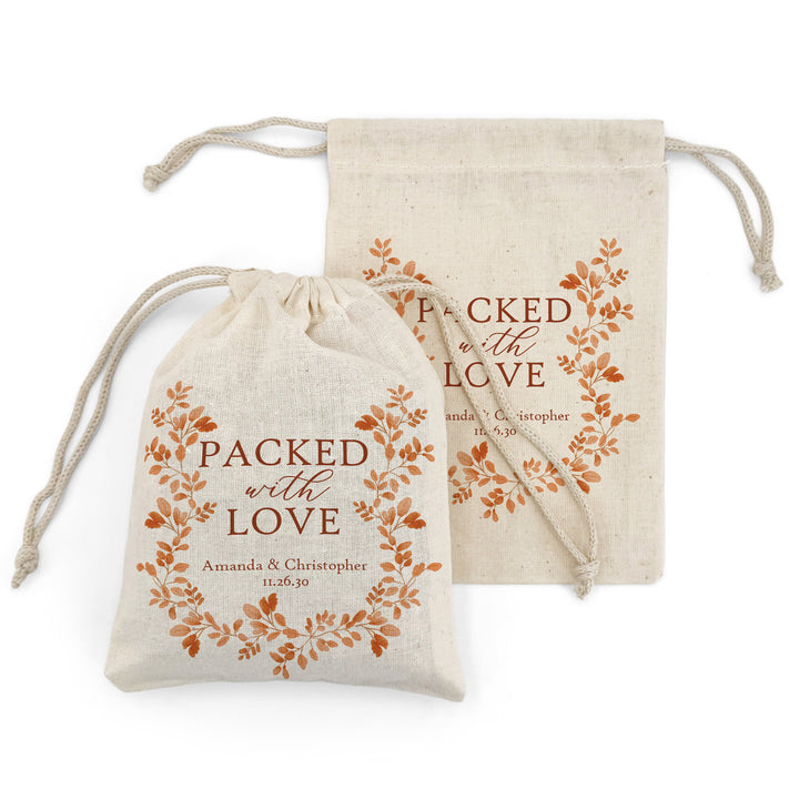 Fall Wedding Gift Bag, Custom Mini Drawstring Bag, Autumn Leaves, Packed with Love
