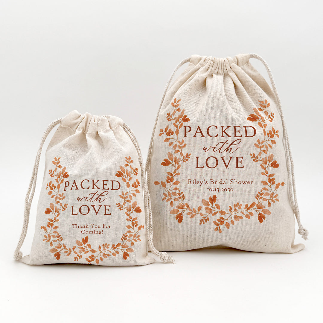 Fall Wedding Gift Bag, Custom Mini Drawstring Bag, Autumn Leaves, Packed with Love