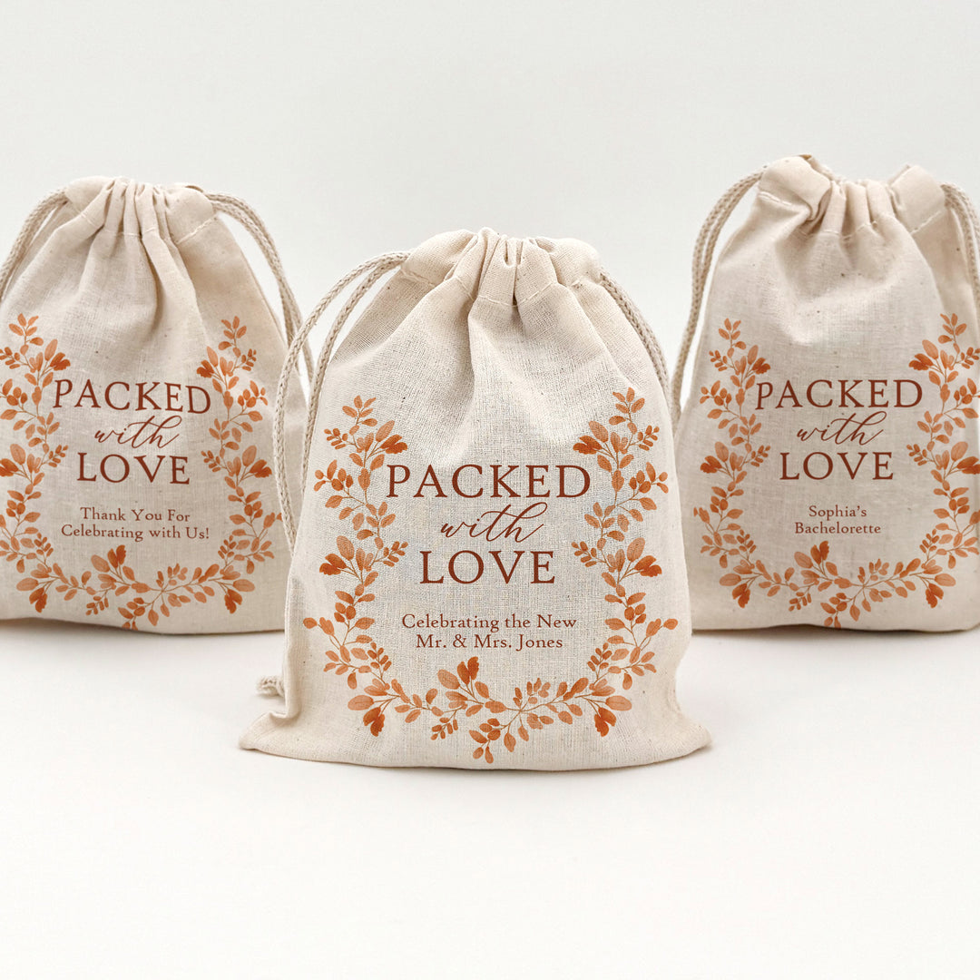 Fall Wedding Gift Bag, Custom Mini Drawstring Bag, Autumn Leaves, Packed with Love