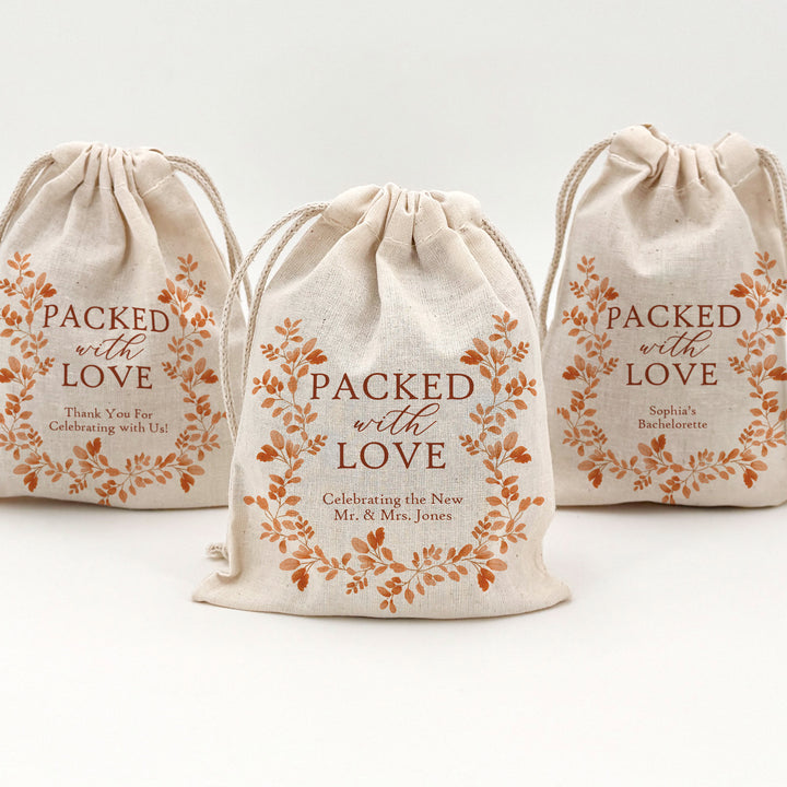 Fall Wedding Gift Bag, Custom Mini Drawstring Bag, Autumn Leaves, Packed with Love