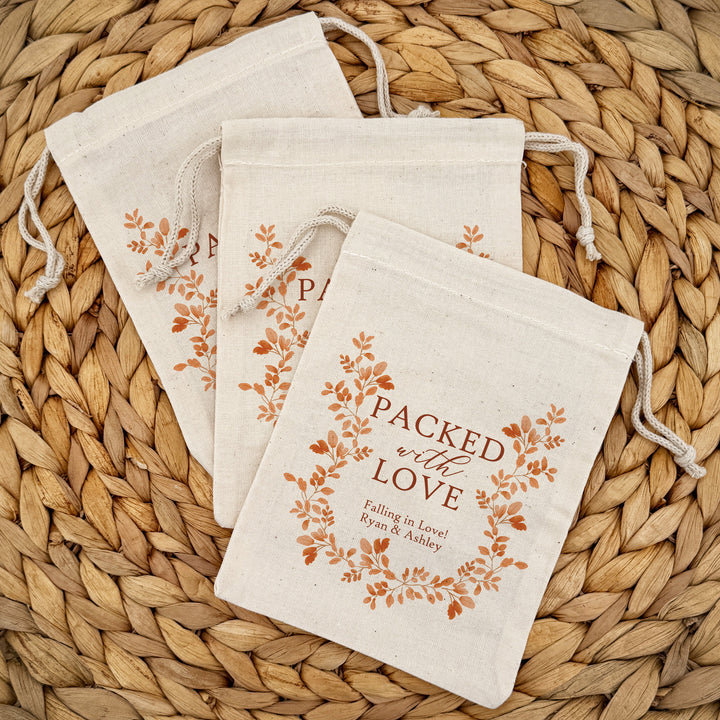 Fall Wedding Gift Bag, Custom Mini Drawstring Bag, Autumn Leaves, Packed with Love