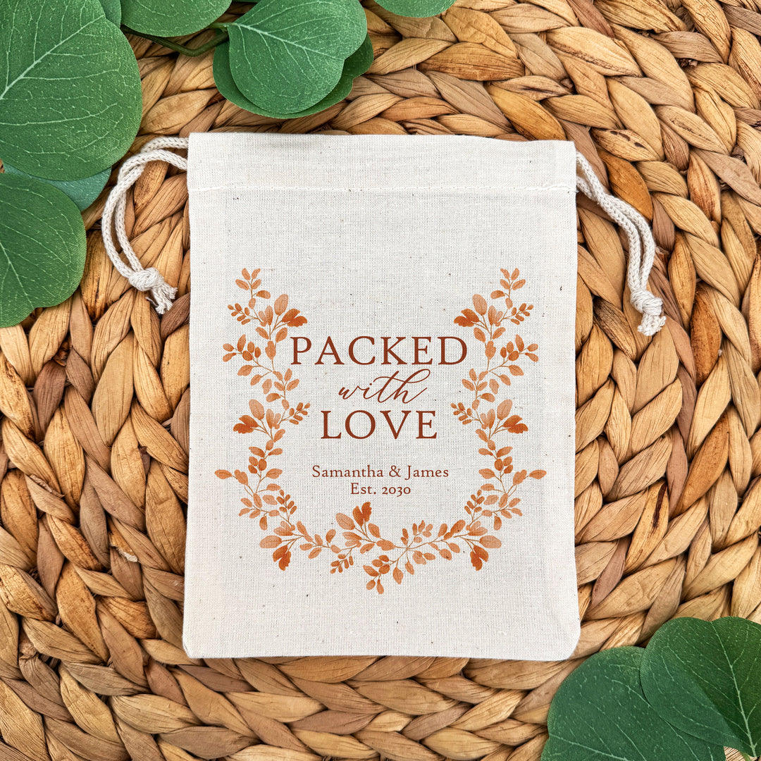 Fall Wedding Gift Bag, Custom Mini Drawstring Bag, Autumn Leaves, Packed with Love