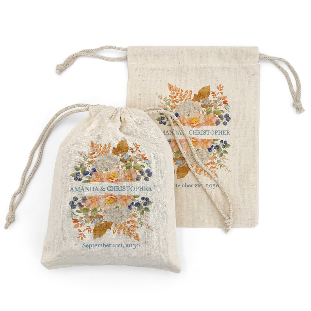 Fall Wedding Gift Bag, Custom Mini Drawstring Bag, Welcome Bag, Peach &amp; Blue Florals