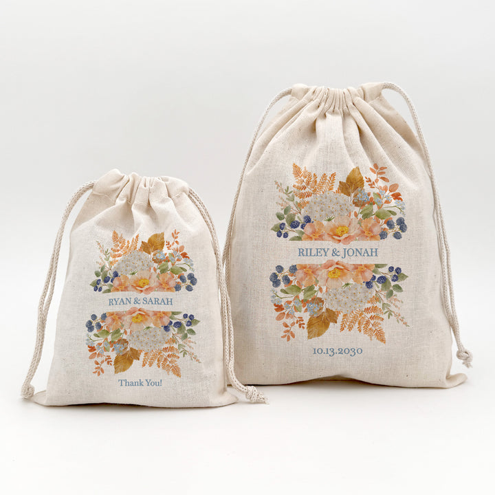 Fall Wedding Gift Bag, Custom Mini Drawstring Bag, Welcome Bag, Peach &amp; Blue Florals