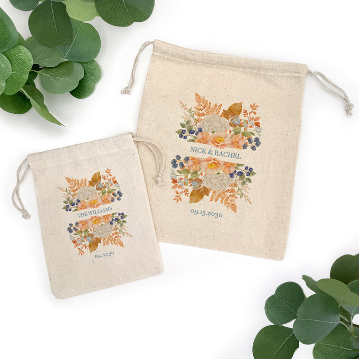 Fall Wedding Gift Bag, Custom Mini Drawstring Bag, Welcome Bag, Peach &amp; Blue Florals