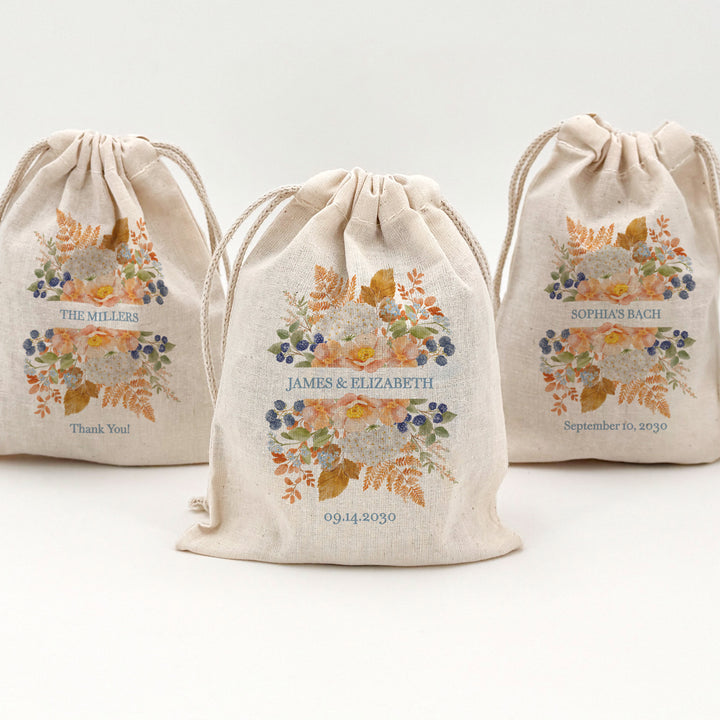 Fall Wedding Gift Bag, Custom Mini Drawstring Bag, Welcome Bag, Peach &amp; Blue Florals