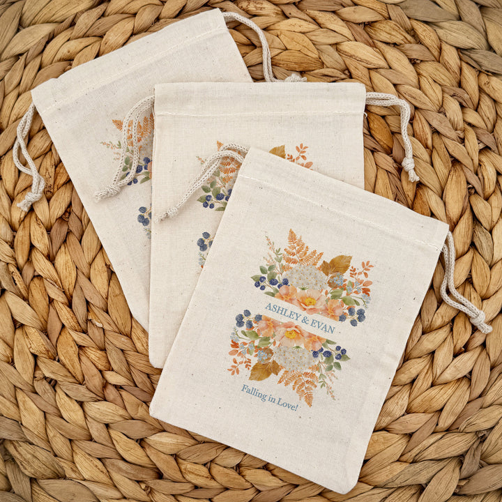 Fall Wedding Gift Bag, Custom Mini Drawstring Bag, Welcome Bag, Peach &amp; Blue Florals