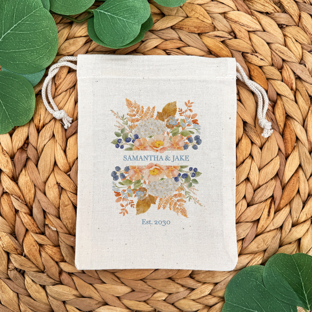 Fall Wedding Gift Bag, Custom Mini Drawstring Bag, Welcome Bag, Peach &amp; Blue Florals
