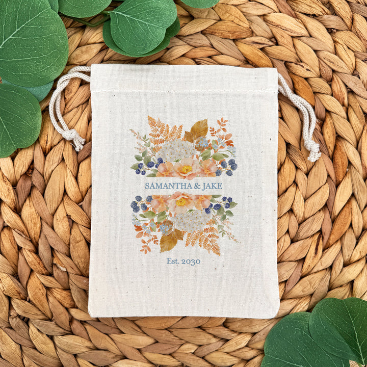 Fall Wedding Gift Bag, Custom Mini Drawstring Bag, Welcome Bag, Peach &amp; Blue Florals
