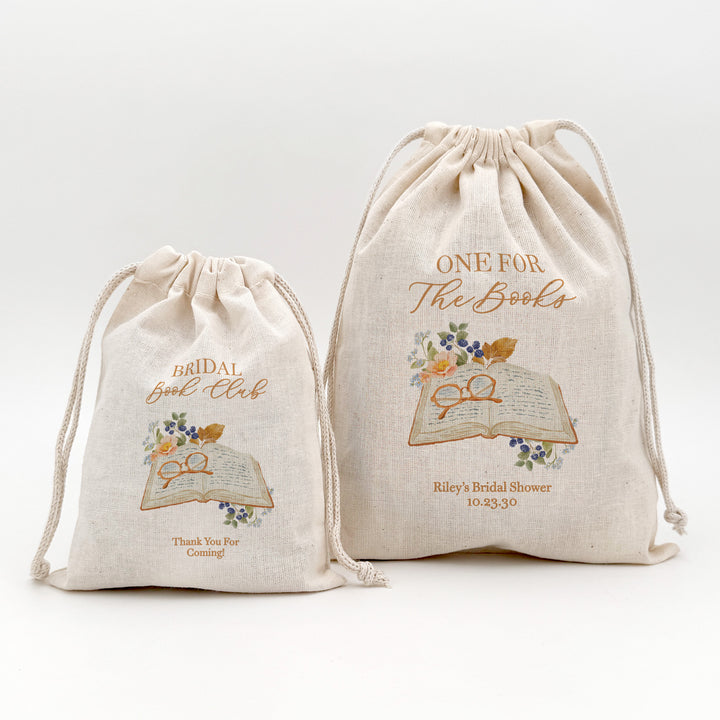 Bridal Book Club Favor Bags, Custom Mini Drawstring Tote Bag, Wedding Favor for Guests, Book Themed Bridal Shower