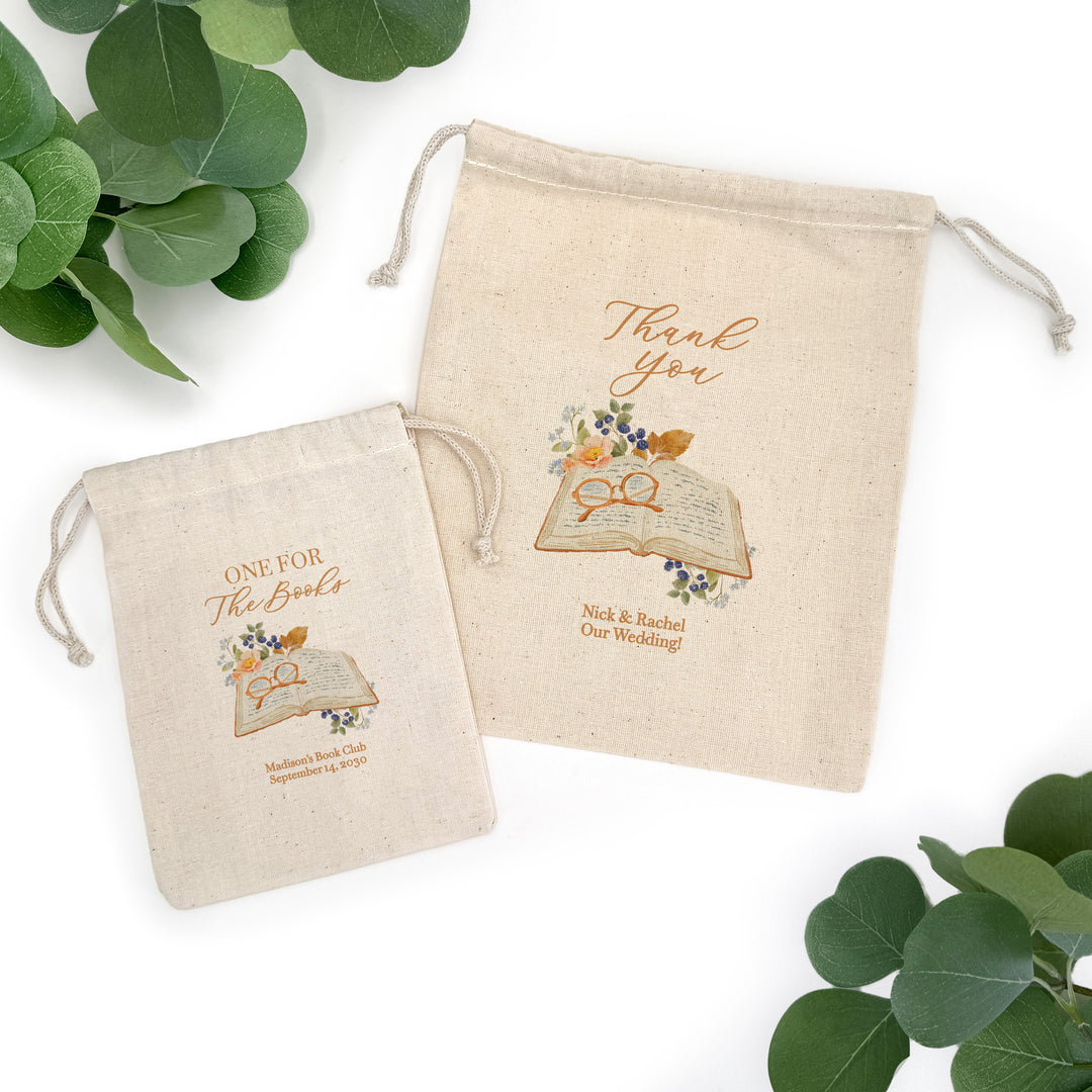Bridal Book Club Favor Bags, Custom Mini Drawstring Tote Bag, Wedding Favor for Guests, Book Themed Bridal Shower