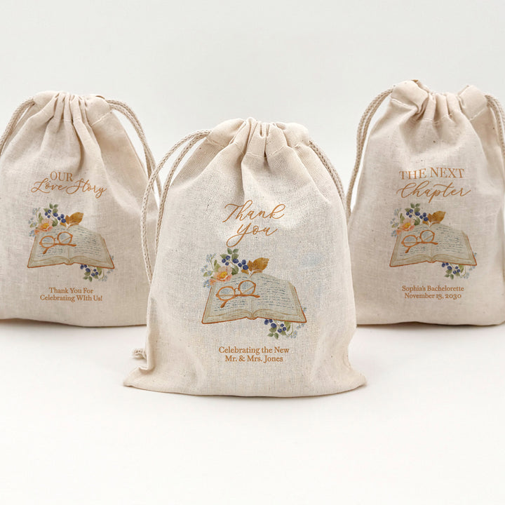 Bridal Book Club Favor Bags, Custom Mini Drawstring Tote Bag, Wedding Favor for Guests, Book Themed Bridal Shower