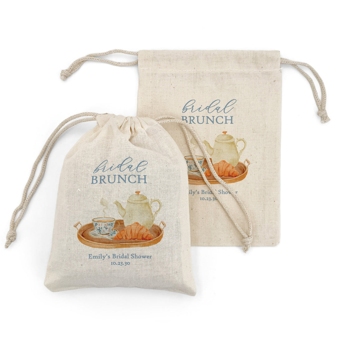 Bridal Brunch Favor Bags, Custom Mini Drawstring Tote, Time for Tea with the Bride to Be, Bridal Shower Tea Tray