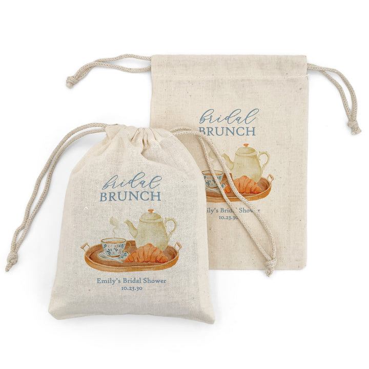 Bridal Brunch Favor Bags, Custom Mini Drawstring Tote, Time for Tea with the Bride to Be, Bridal Shower Tea Tray