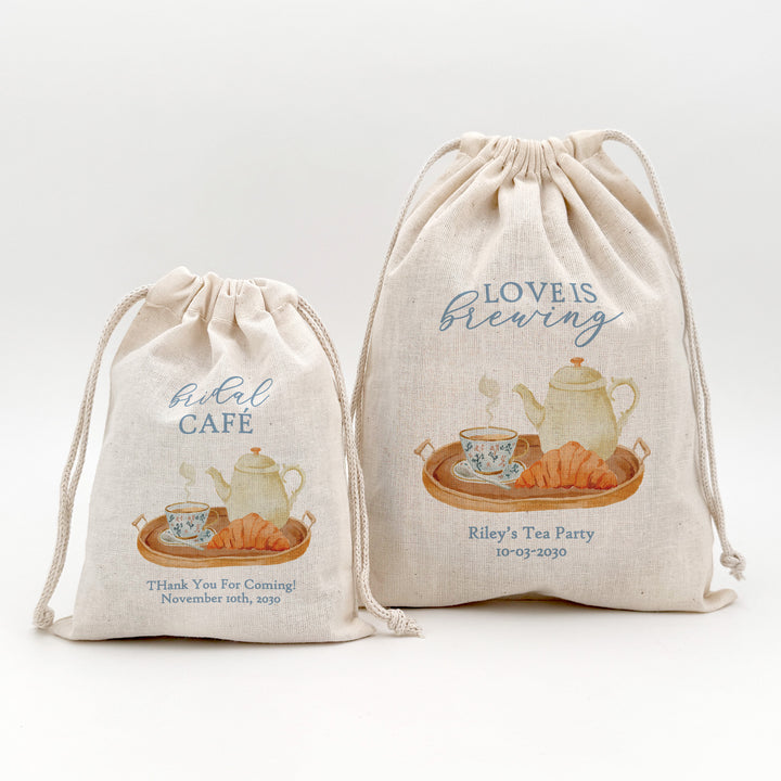 Bridal Brunch Favor Bags, Custom Mini Drawstring Tote, Time for Tea with the Bride to Be, Bridal Shower Tea Tray