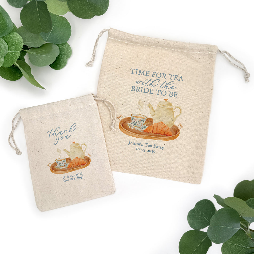 Bridal Brunch Favor Bags, Custom Mini Drawstring Tote, Time for Tea with the Bride to Be, Bridal Shower Tea Tray