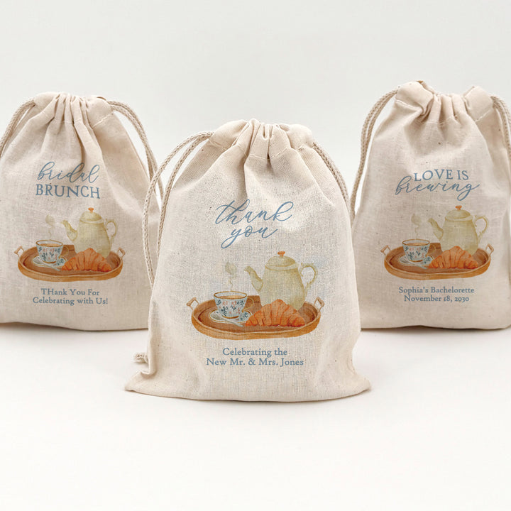 Bridal Brunch Favor Bags, Custom Mini Drawstring Tote, Time for Tea with the Bride to Be, Bridal Shower Tea Tray