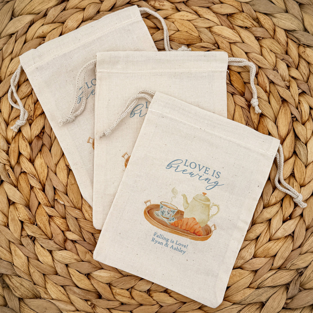 Bridal Brunch Favor Bags, Custom Mini Drawstring Tote, Time for Tea with the Bride to Be, Bridal Shower Tea Tray
