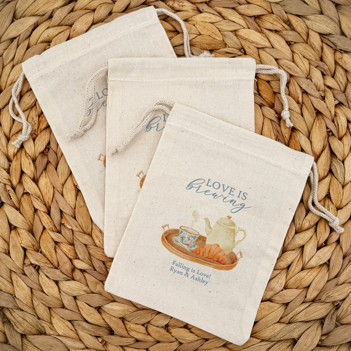 Bridal Brunch Favor Bags, Custom Mini Drawstring Tote, Time for Tea with the Bride to Be, Bridal Shower Tea Tray