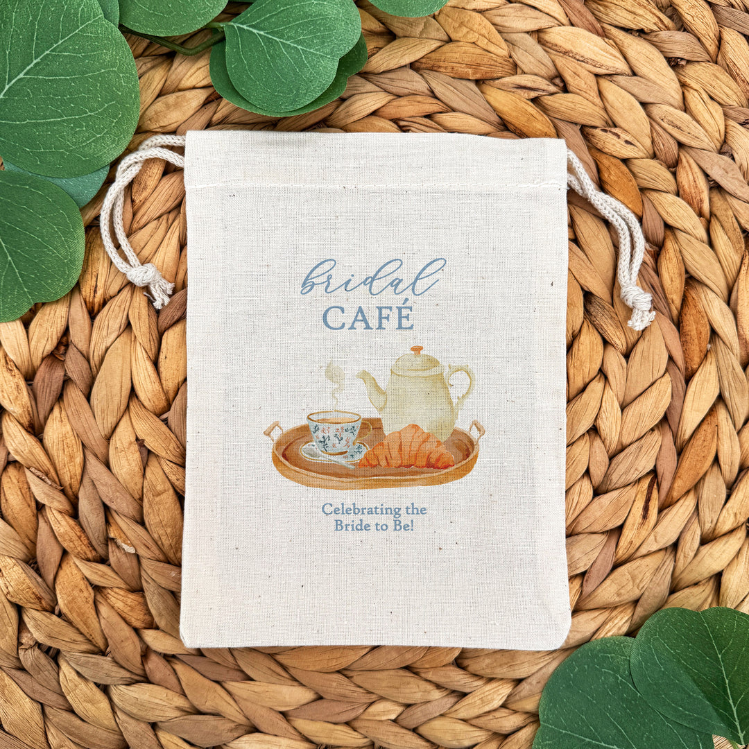 Bridal Brunch Favor Bags, Custom Mini Drawstring Tote, Time for Tea with the Bride to Be, Bridal Shower Tea Tray
