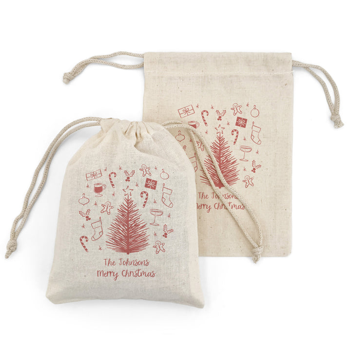 Hand Drawn Christmas Doodle Pattern, Drawstring Bags