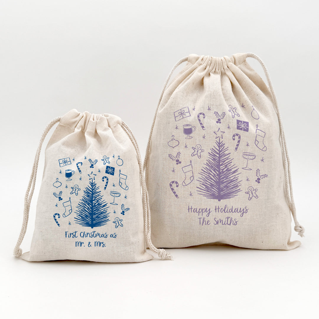 Hand Drawn Christmas Doodle Pattern, Drawstring Bags